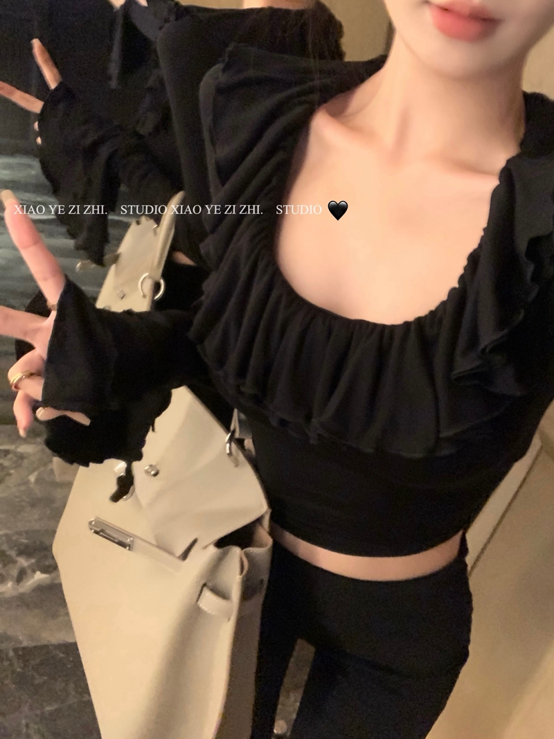 實拍純欲性感荷葉領修身顯瘦短款長袖T恤辣妹露臍打底上衣