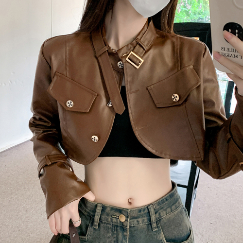 Real shot ~ American retro pu leather short jacket for women, autumn style loose short motorcycle leather jacket top