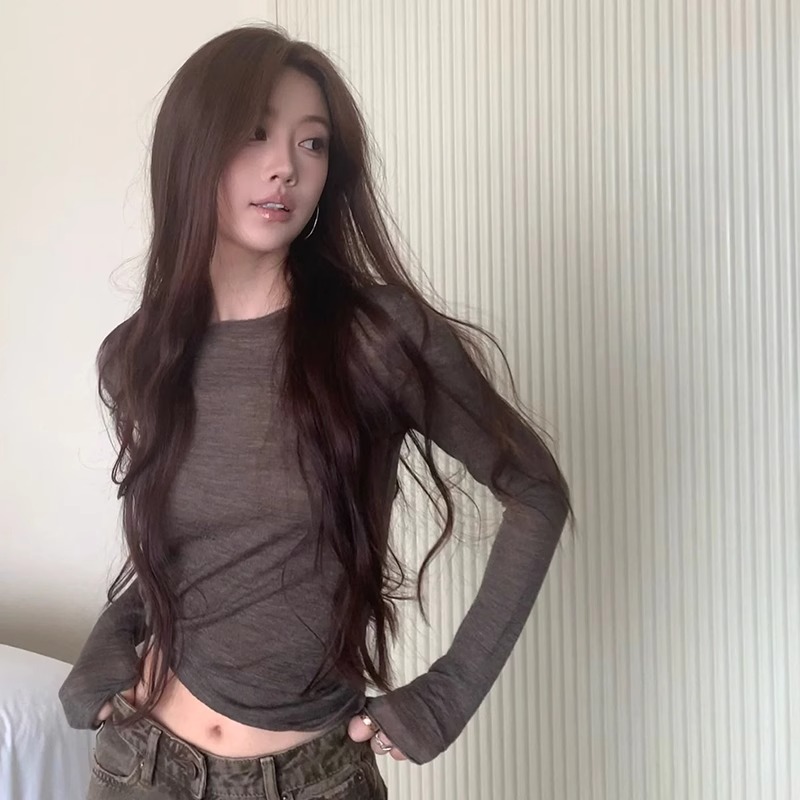 新款美式復古褶皺圓領打底衫女2023年秋季修身露臍正肩短款上衣潮