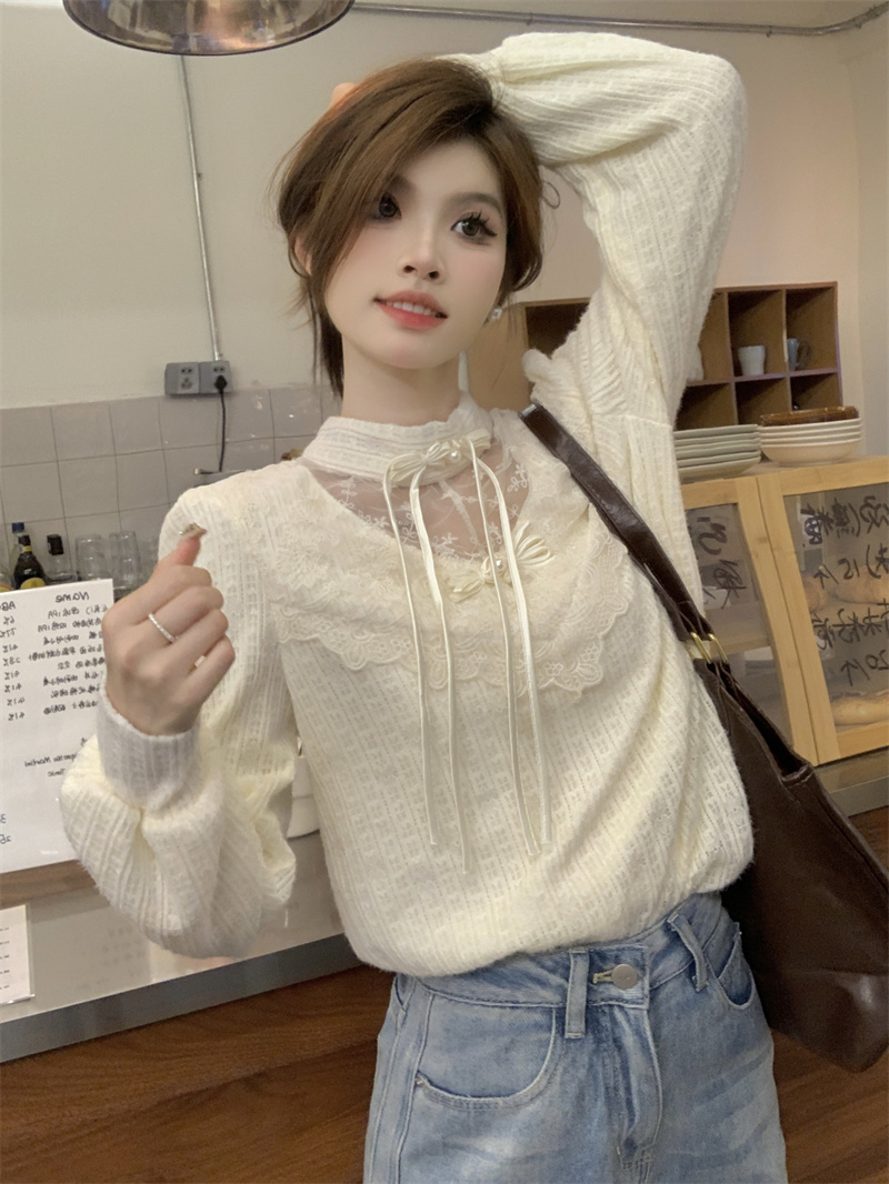 秋冬新中式國風刺繡盤扣精緻蕾絲加絨襯衫溫婉甜美百搭高領上衣