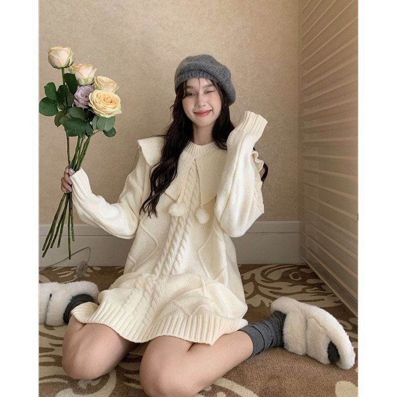 大碼女裝韓版娃娃領甜美軟糯毛衣針織衫中長款連衣裙女寬鬆慵懶風