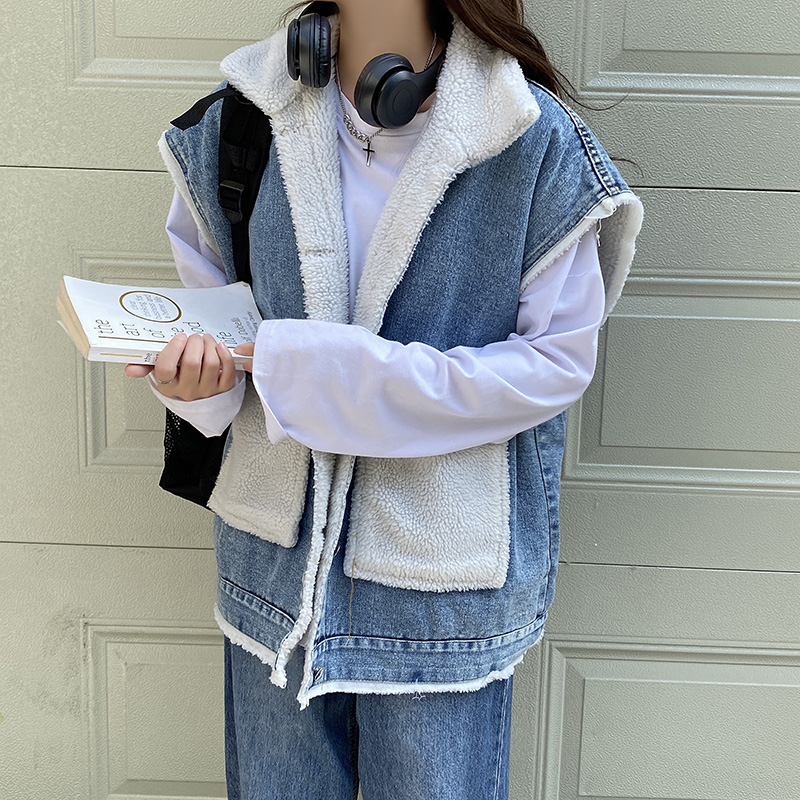 Actual shot~Sheppard denim vest for women, loose outerwear, large pockets, winter coat plus velvet vest vest