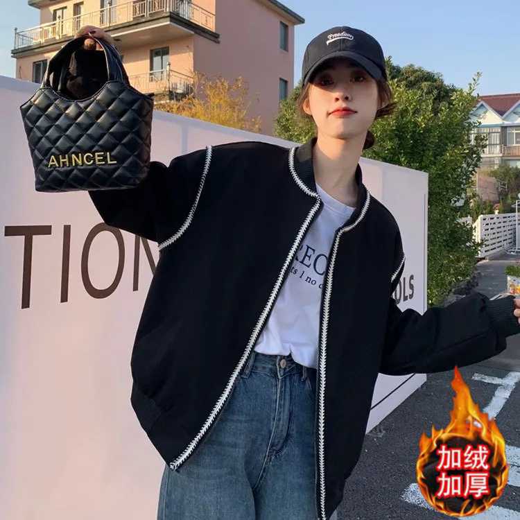 Velvet and thickened small fragrant jacket for women autumn and winter 2023 new style small loose casual black cardigan baseball uniform