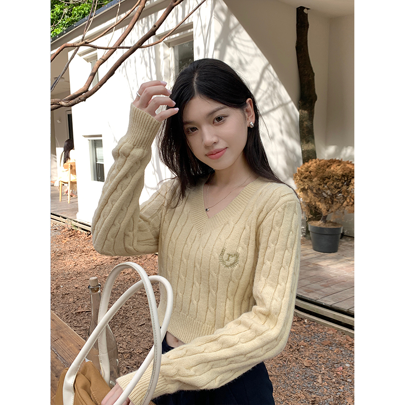 實拍韓版ins高級感復古洋氣氣質v領麻花毛衣女秋冬休閒針織上衣
