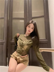 Fake two-piece denim long-sleeved T-shirt for women in autumn, pure lust style design, slim-fitting short mesh splicing bottoming top