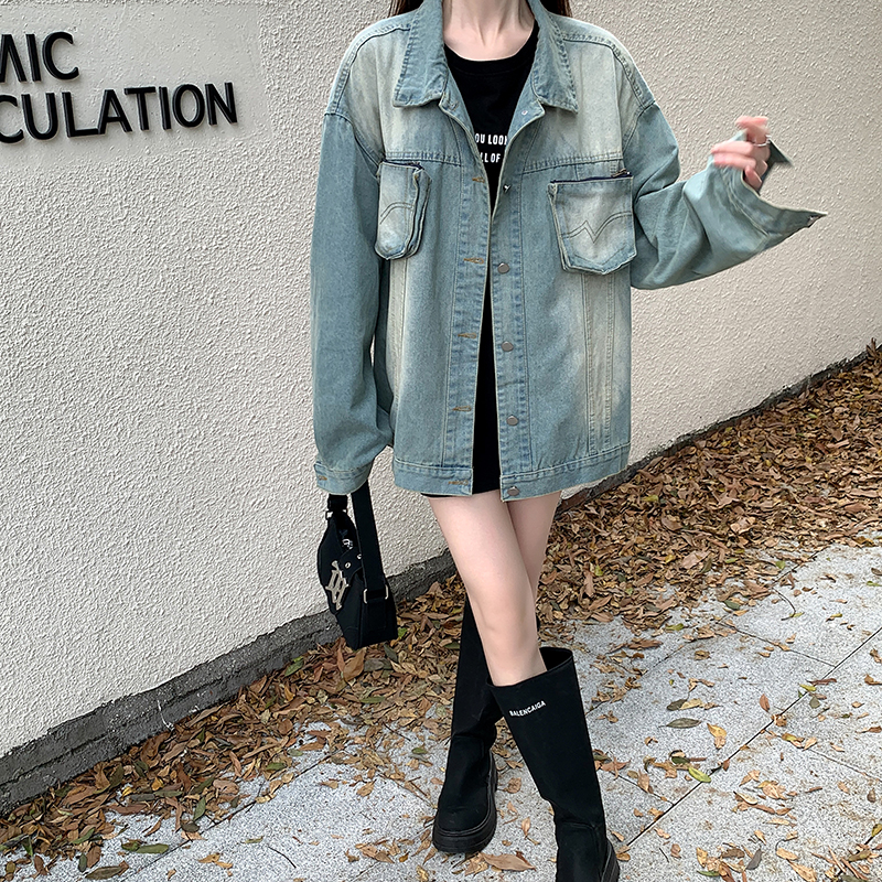 Real shot ~ American retro three-dimensional zipper pocket distressed denim jacket splicing design loose jacket