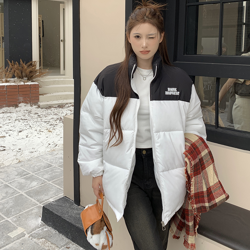 實拍~美式復古國潮拼色短款麵包服情侶棉服冬季立領寬鬆外套