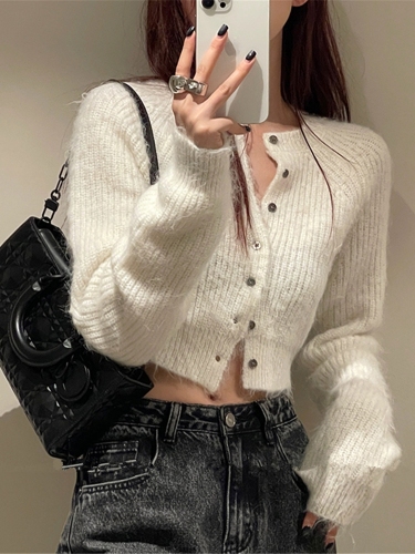 SUN11 white round neck knitted cardigan for women in early autumn new style with slim short small sweater jacket