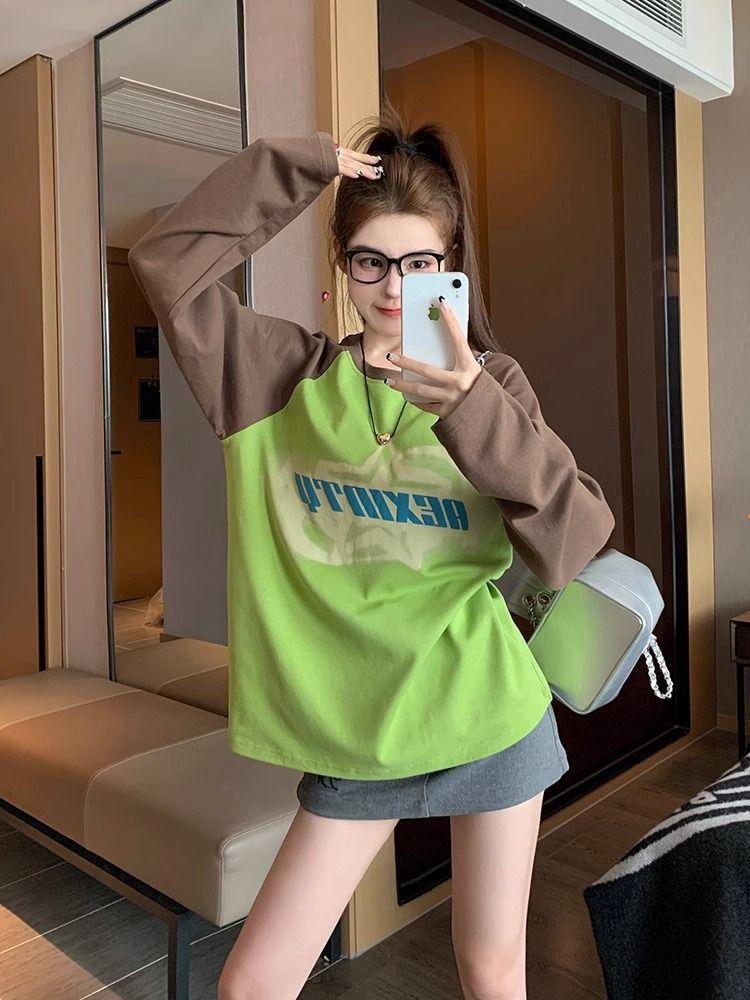 美式綠色t恤女長袖秋冬款寬鬆百搭設計感拼色正肩上衣oversize