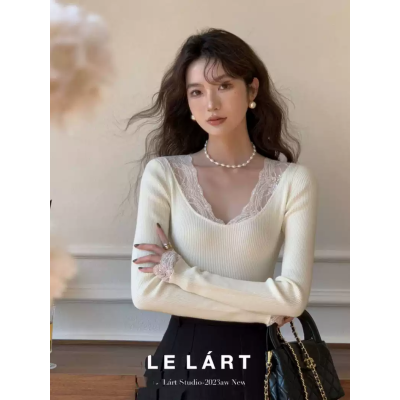 LELART 女裝秋季2023新款法式氣質蕾絲花邊修身顯瘦針織衫女內搭