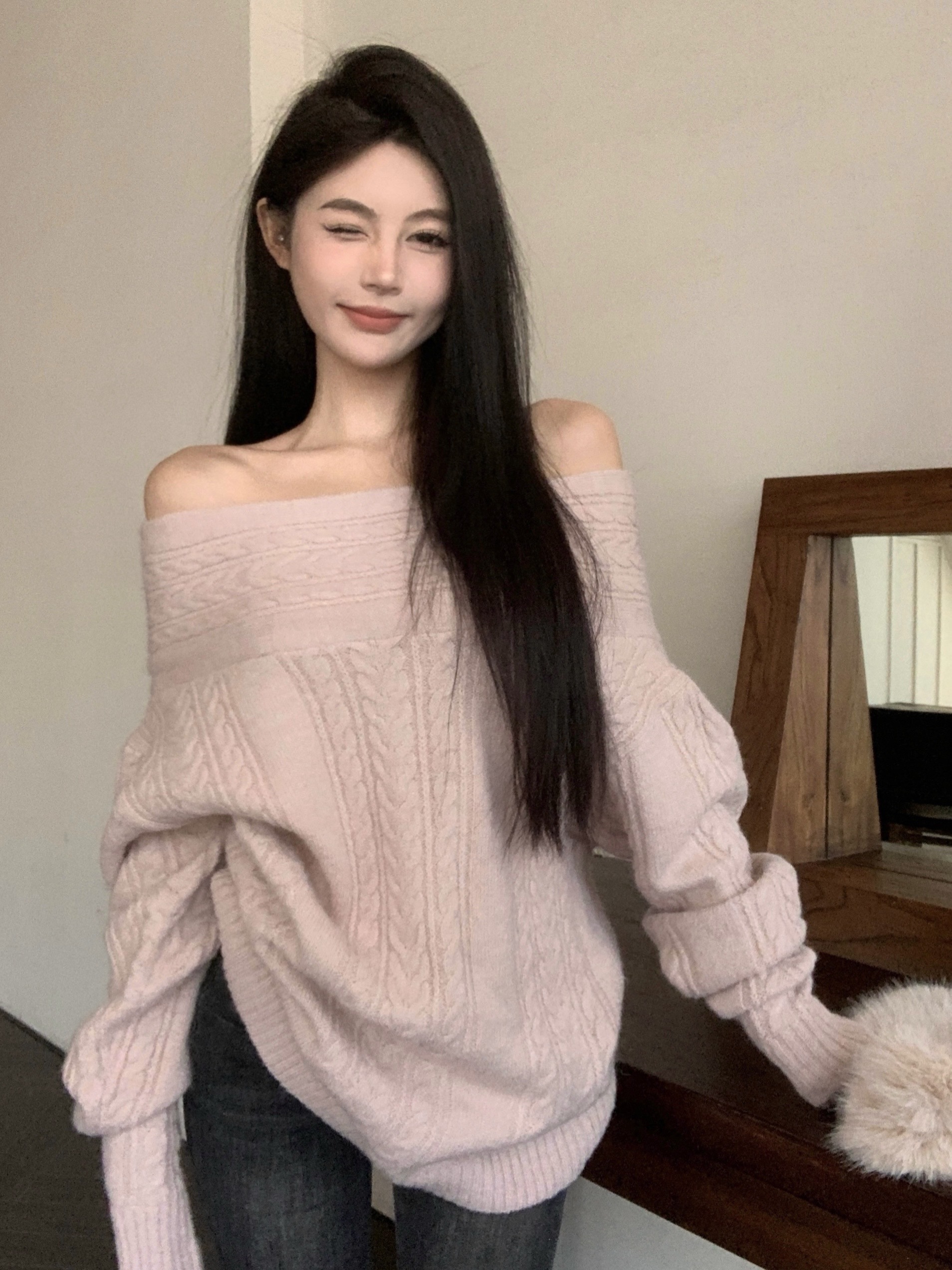 實拍 復古花紋軟糯一字肩慵懶氛圍感上衣百搭時尚針織毛衣