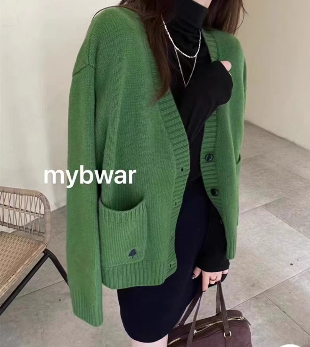 韓貨時尚V領全羊毛針織衫開衫女2023秋冬款口袋刺繡毛衣外套