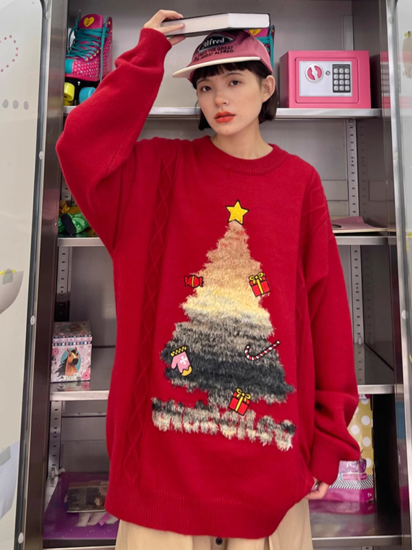 American retro Christmas tree black sweater for women winter new lazy style jacket knitted bottoming shirt top
