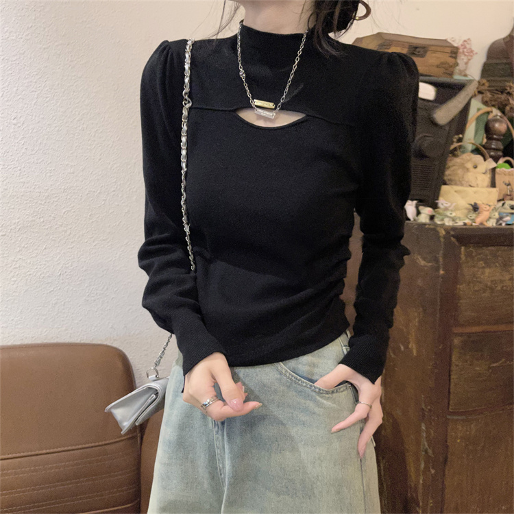 實拍好質量小心機鏤空半高領針織衫女秋冬修身內搭上衣