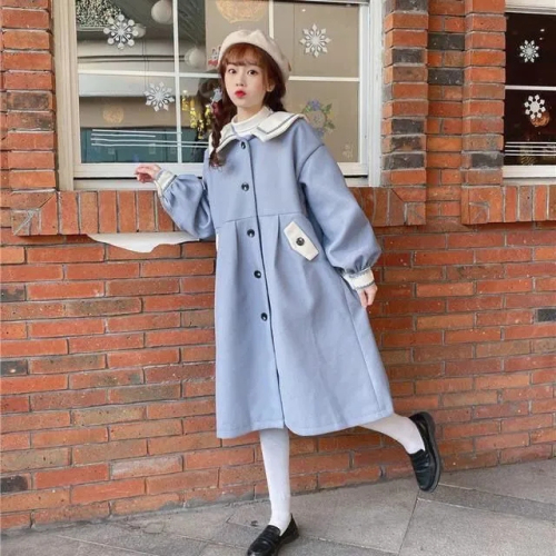 Japanese retro college style navy collar autumn and winter coat women's woolen  new loose woolen coat mid-length