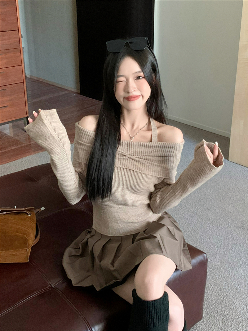 實拍純欲掛脖針織衫女毛衣一字肩長袖打底衫辣妹性感露肩上衣