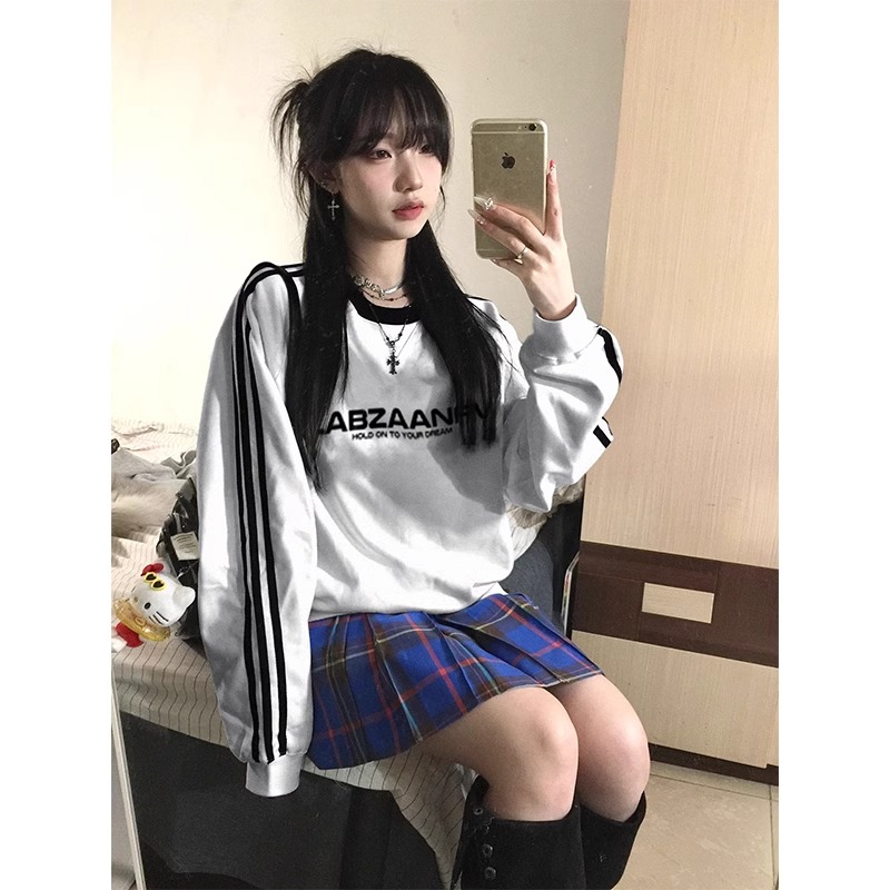 華棉複合牛奶絲薄款300克加絨400克加厚印花圓領三條槓衛衣女