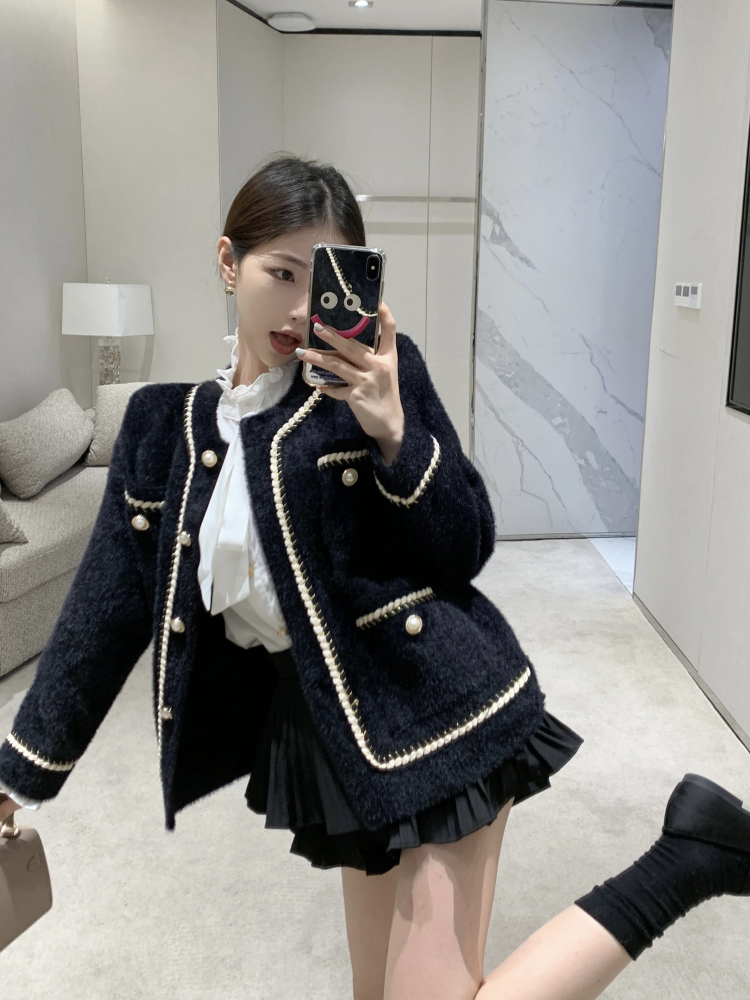 實拍 名媛小香風套裝女毛絨外套法式立領襯衫上衣兩件套