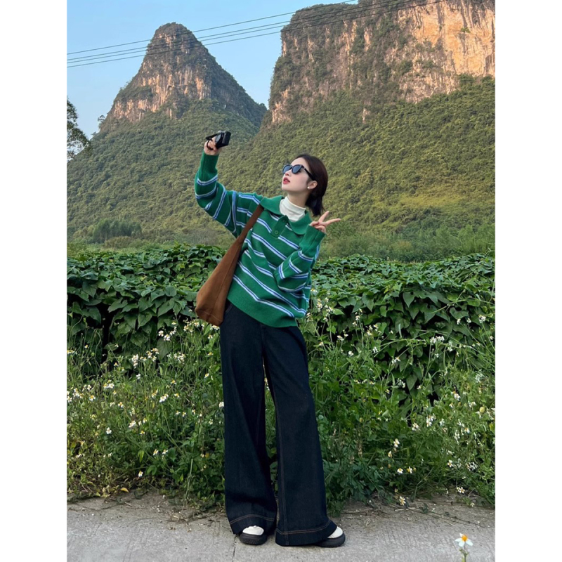 復古條紋翻領長袖毛衣女ins秋季2023新款設計感寬鬆百搭針織上衣