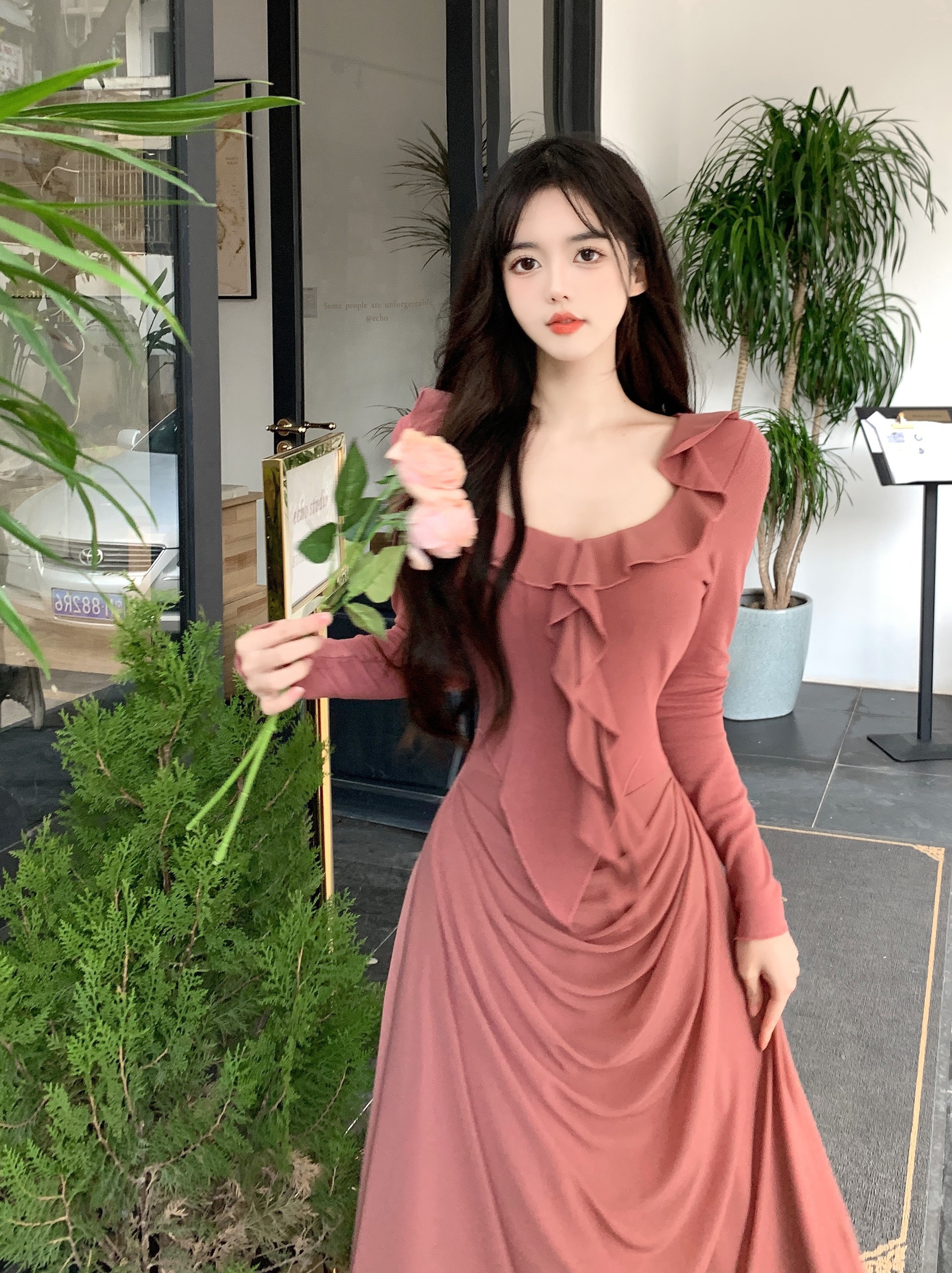 加絨 實拍~ 胖妹妹設計感網紗拼接高腰顯瘦氣質荷葉邊加絨連衣裙