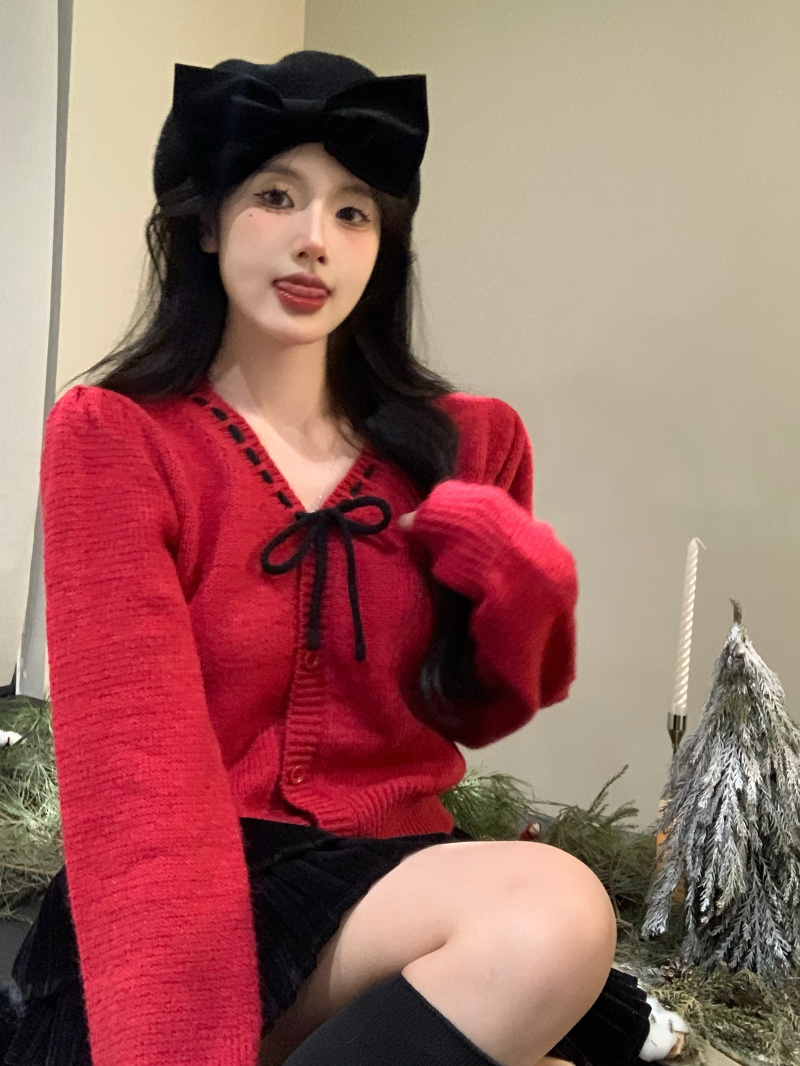 實拍溫柔甜美針織衫女冬季單穿內搭蝴蝶結系帶泡泡袖毛衣