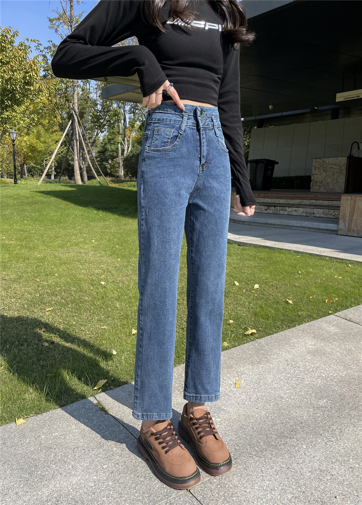 實拍~哈倫牛仔褲女秋寬鬆直筒新款高腰顯瘦彈力老爹蘿蔔褲子