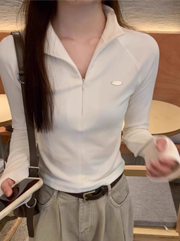 宋正恩白色德絨打底衫女秋冬內搭修身拉鏈加絨長袖t恤立領上衣女
