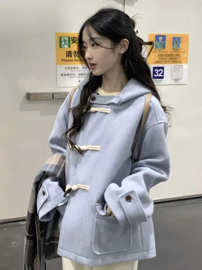 Horn button short woolen coat for women autumn and winter 2023 new high-end small cloak woolen coat