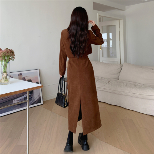 European cotton velvet hot corduroy two-piece autumn and winter large size fat mm small fragrance jacket + skirt set