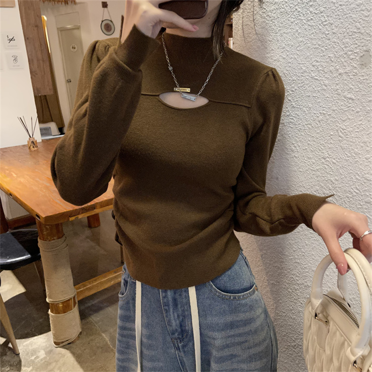 實拍韓版純色氣質百搭設計感小心機鏤空半高領長袖T恤女
