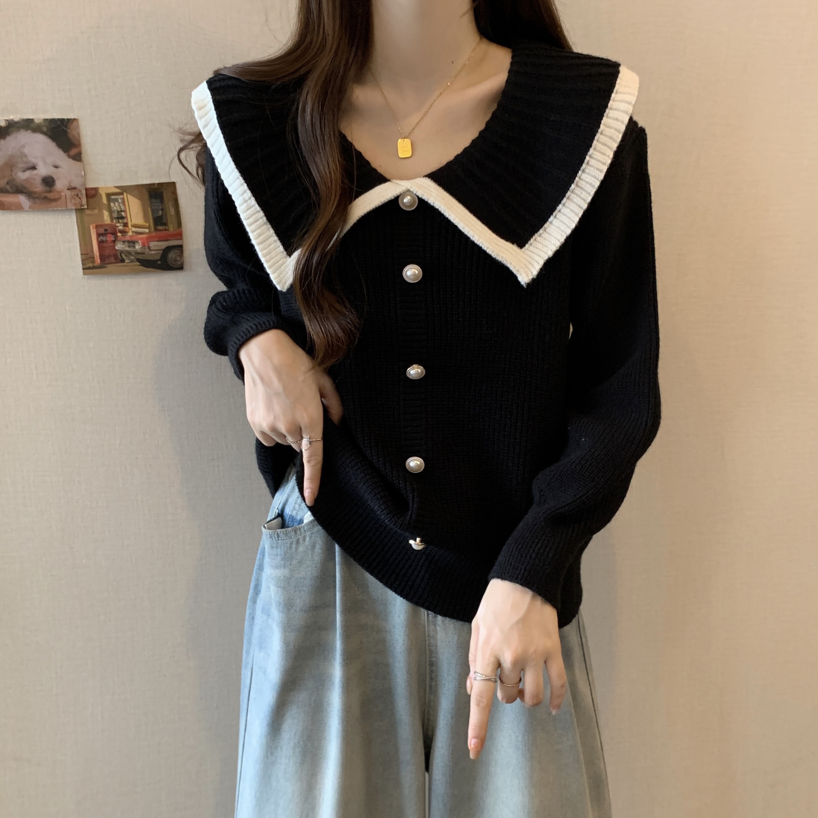 溫柔風氣質娃娃領毛衣外套女2023秋冬款洋氣減齡修身顯瘦針織上衣