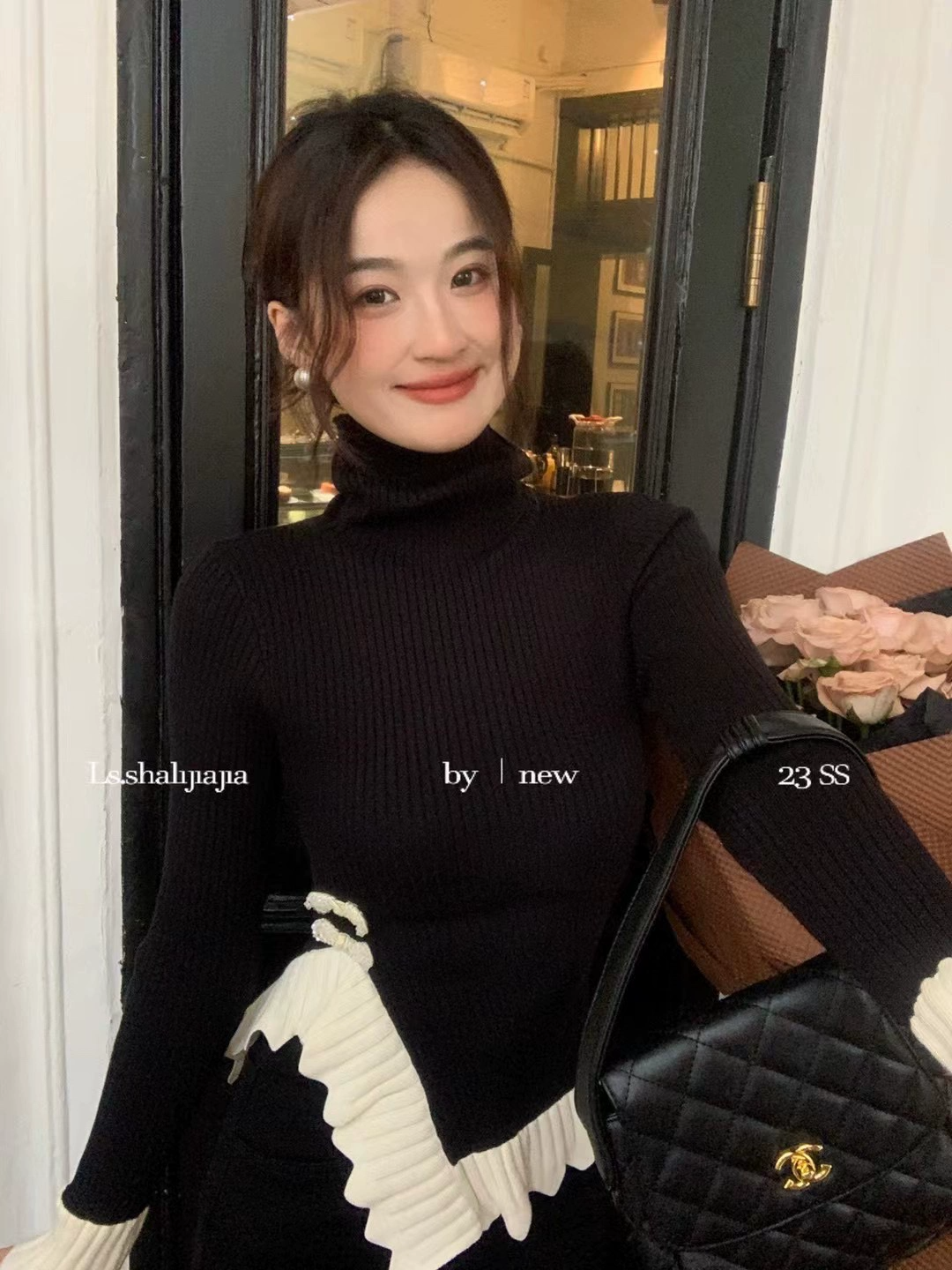 LS秋冬季設計感高領喇叭袖針織衫打底衫女小眾復古修身不規則內搭
