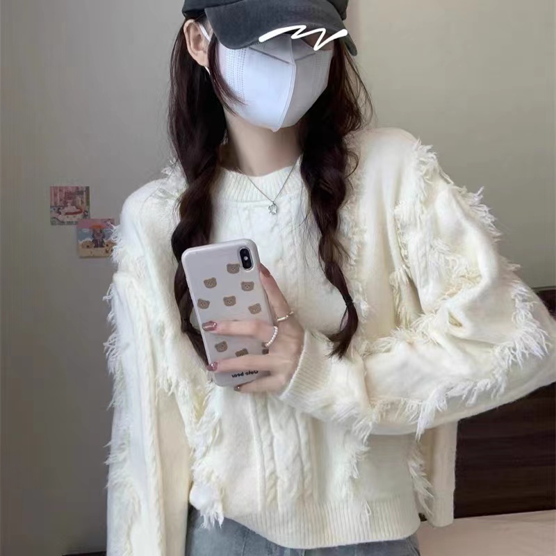法式設計感流蘇短款毛衣女春秋冬寬鬆百搭內搭休閒懶慵針織衫上衣