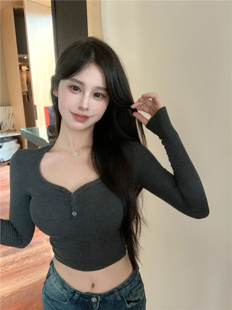 實拍 辣妹紐扣打底衫緊身長袖上衣