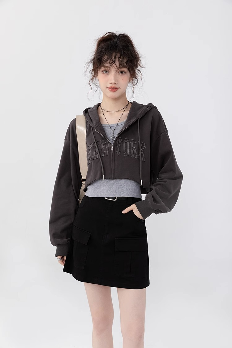 American hooded zipper sweatshirt two-piece set for women 2023 new autumn vest letter design short top