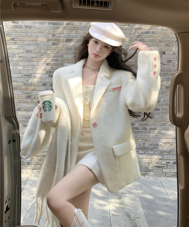 實拍秋冬西裝呢子時尚撞色紐扣寬鬆復古高端毛呢外套有肩墊夾棉女