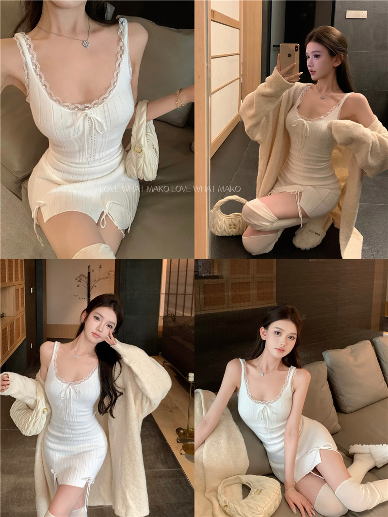 實拍~純欲辣妹針織拼接蕾絲開叉收腰包臀裙+慵懶軟糯毛絨外套