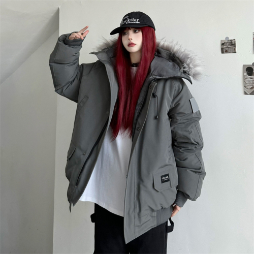Real shot #American high-end workwear cotton jacket for women  new style hooded removable large fur collar to overcome the trend