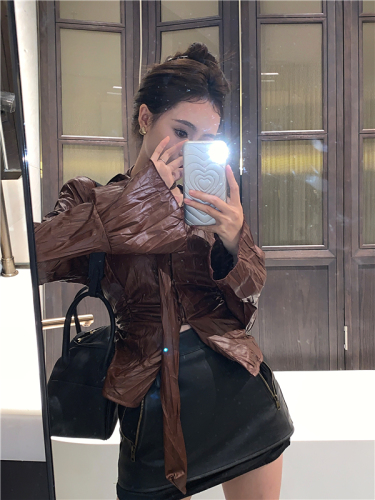 Actual shot of slim fit strapped trumpet sleeves V-neck long-sleeved leather jacket for women