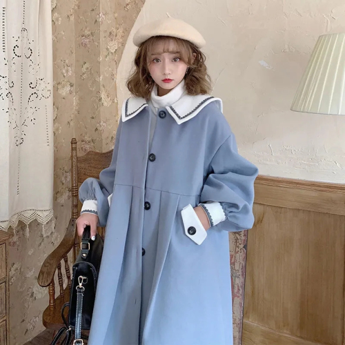 Japanese retro college style navy collar autumn and winter coat women's woolen  new loose woolen coat mid-length