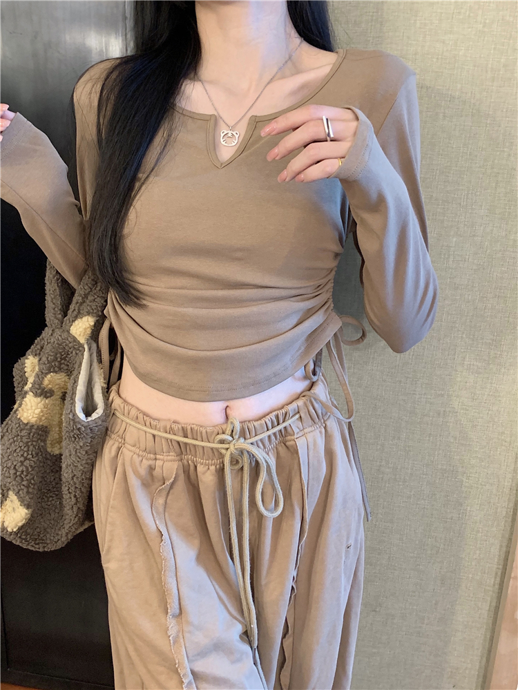 帶胸墊打底v領長袖t恤女短款韓版顯瘦設計感小眾內搭辣妹上衣