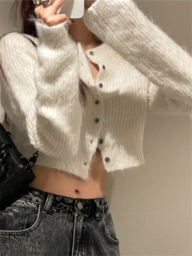 SUN11 white round neck knitted cardigan for women in early autumn new style with slim short small sweater jacket