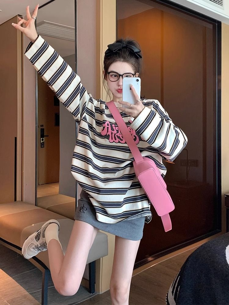 條紋長袖新款設計春秋季美式百搭復古寬鬆休閒打底套頭上衣ins