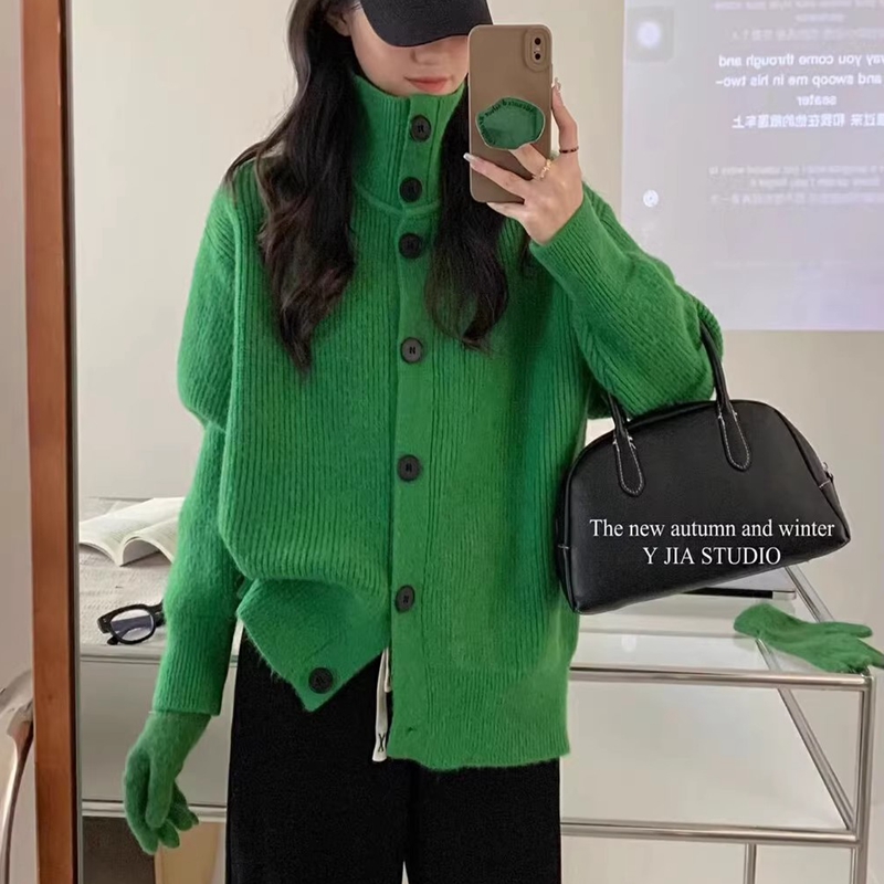 復古港風立領寬鬆百搭長袖毛衣外套女秋冬設計感小眾坑條針織開衫