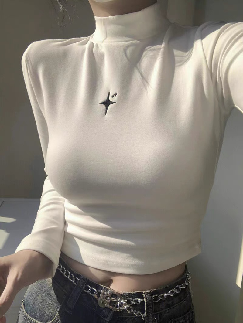 純欲風白色半高領打底衫女秋冬加絨內搭長袖t恤修身顯瘦短款上衣