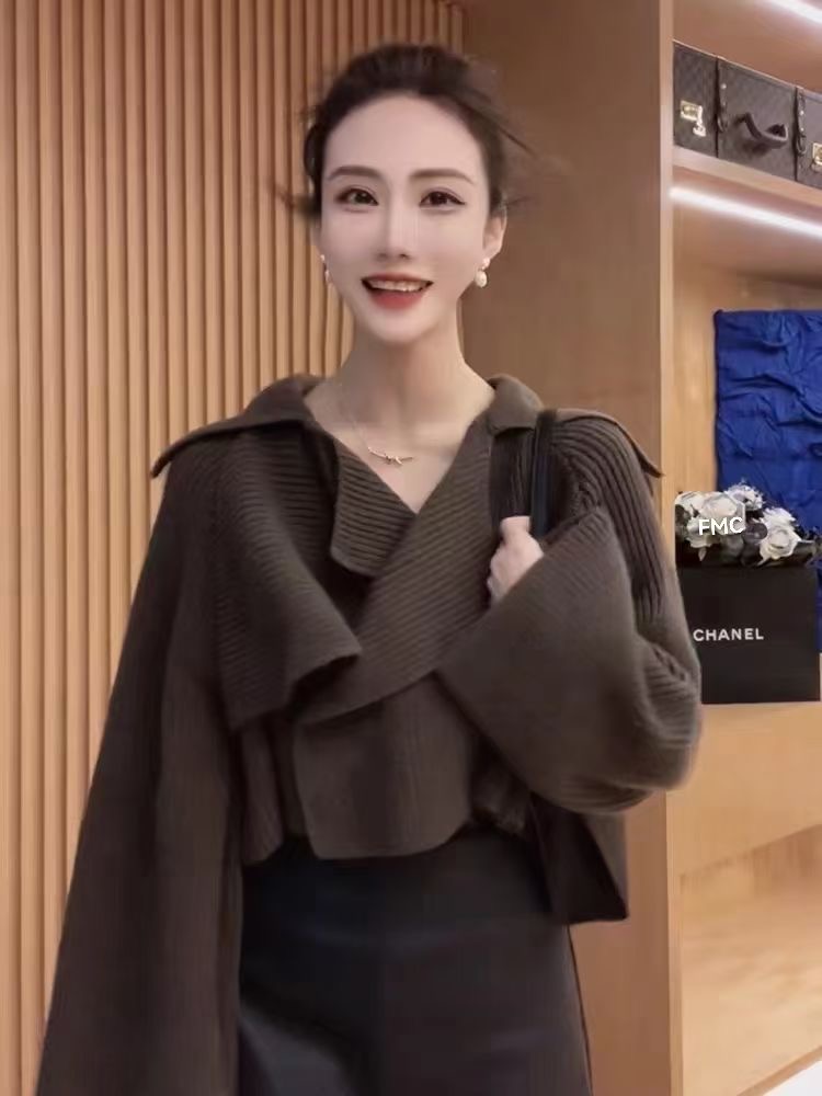 法式慵懶風寬鬆古着毛衣開衫女秋冬設計感小眾復古西裝領短款外套