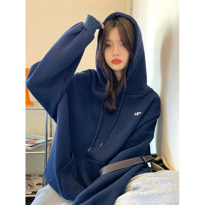 加絨加厚連帽衛衣oversize情侶裝秋冬寬鬆bf慵懶風女休閒外套帽衫