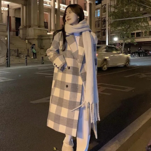 Korean style plaid woolen coat for women new autumn and winter mid-length casual temperament Hepburn style woolen coat