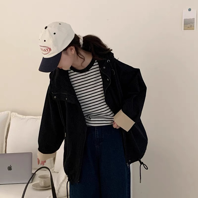 Korean style loose silhouette design hooded workwear windbreaker for women Dongdaemun lazy style short coat jacket top