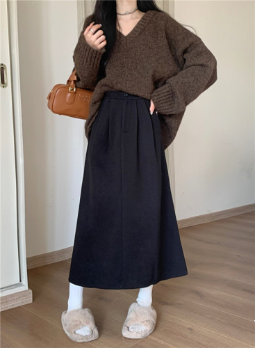 Actual shot of  new winter woolen skirt for women, high-waisted, crotch-covering, slimming mid-length A-line skirt